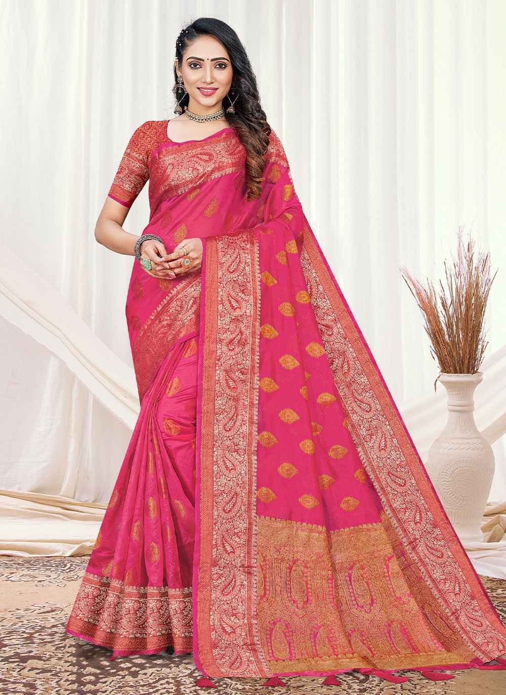 Trendy Saree Organza Pink Fancy Work Saree