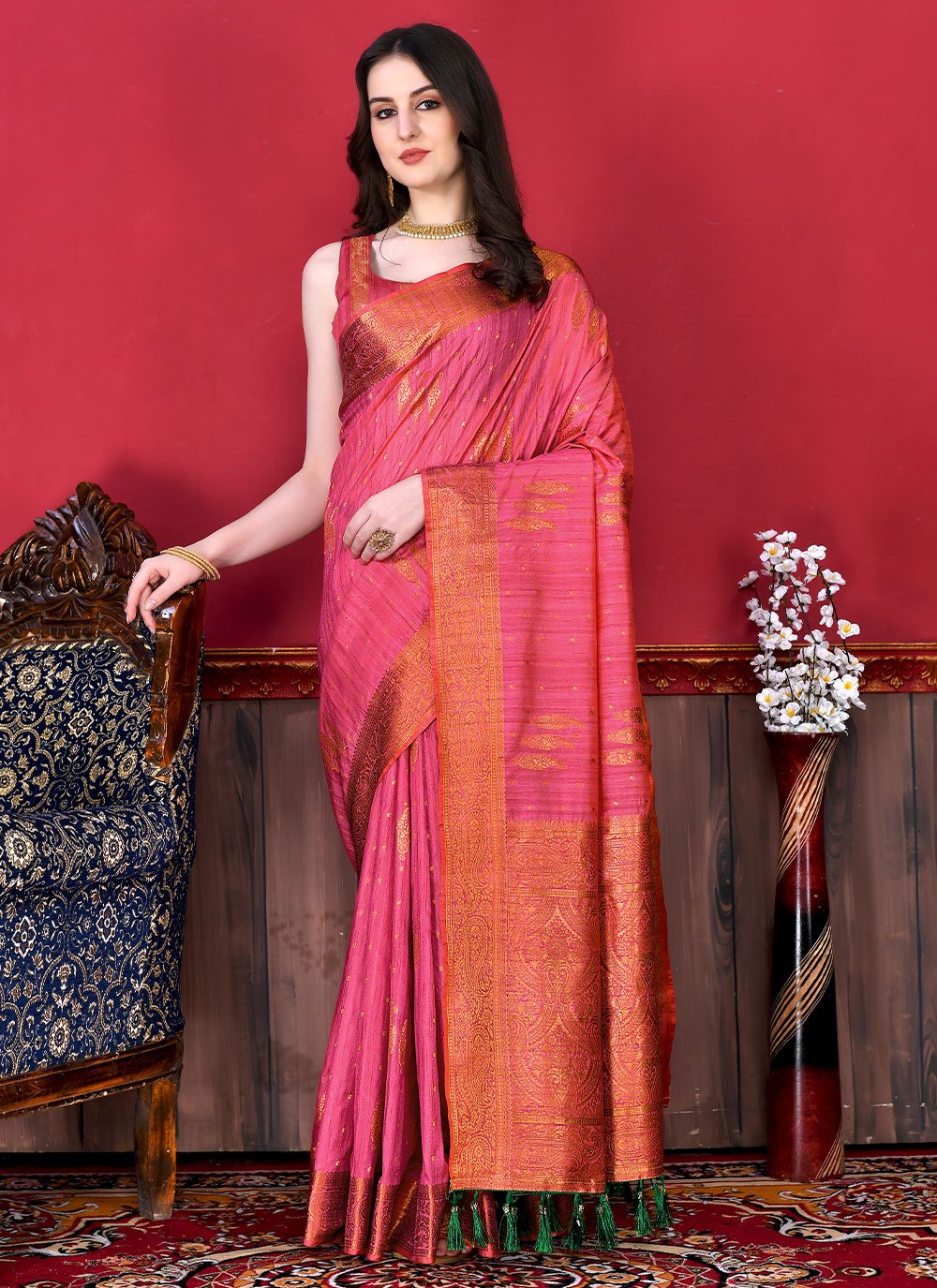 Trendy Saree Katan Silk Pink Patch Border Saree