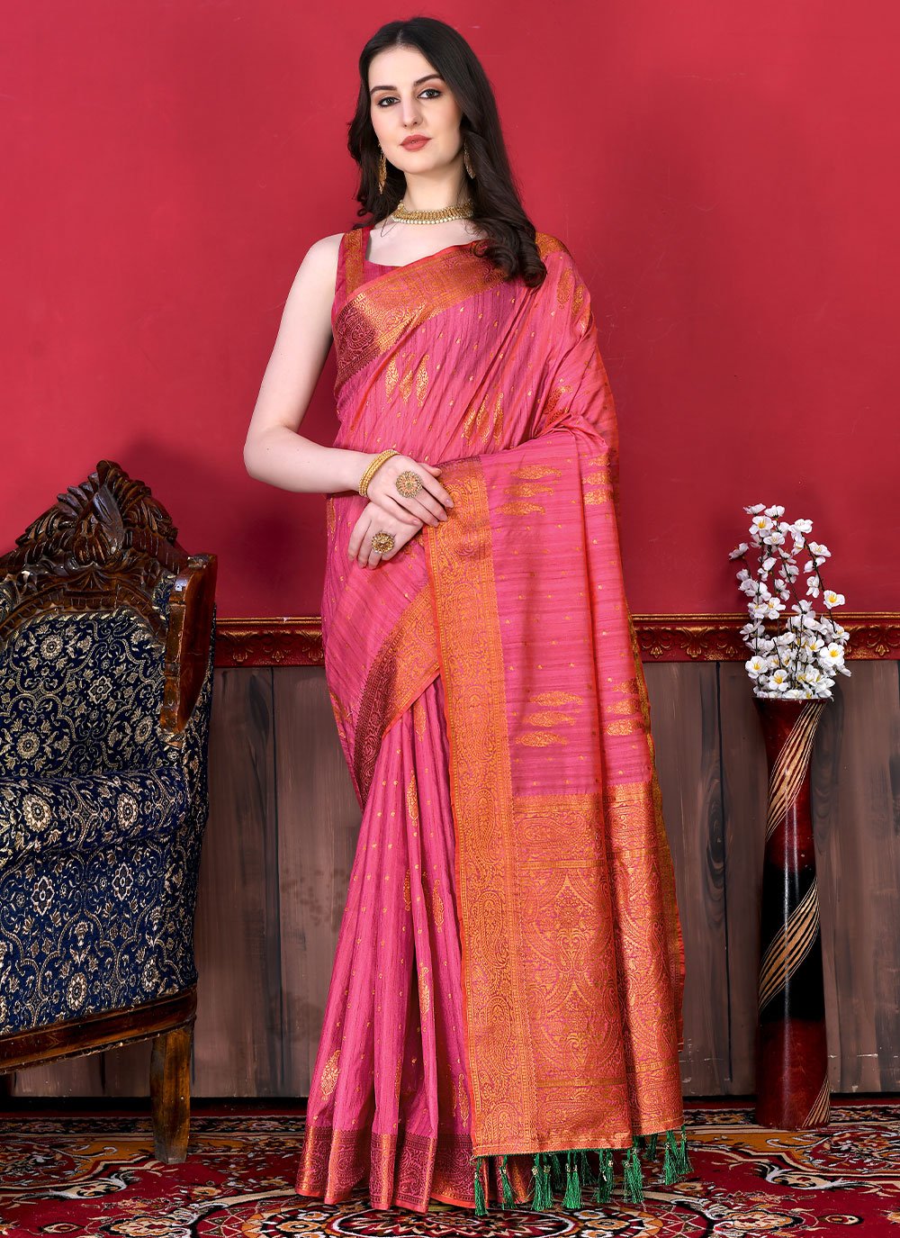 Trendy Saree Katan Silk Pink Patch Border Saree