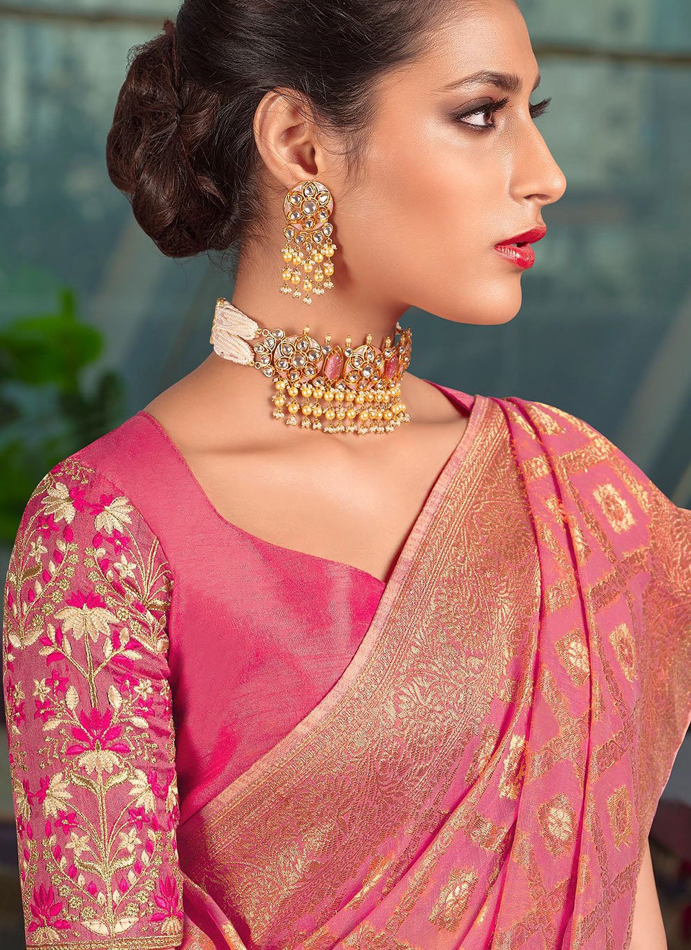 Classic Organza Pink Embroidered Saree