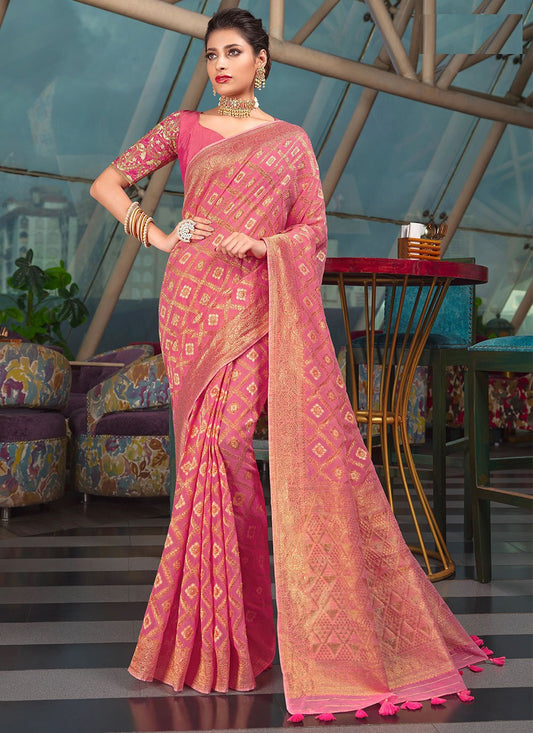 Classic Organza Pink Embroidered Saree