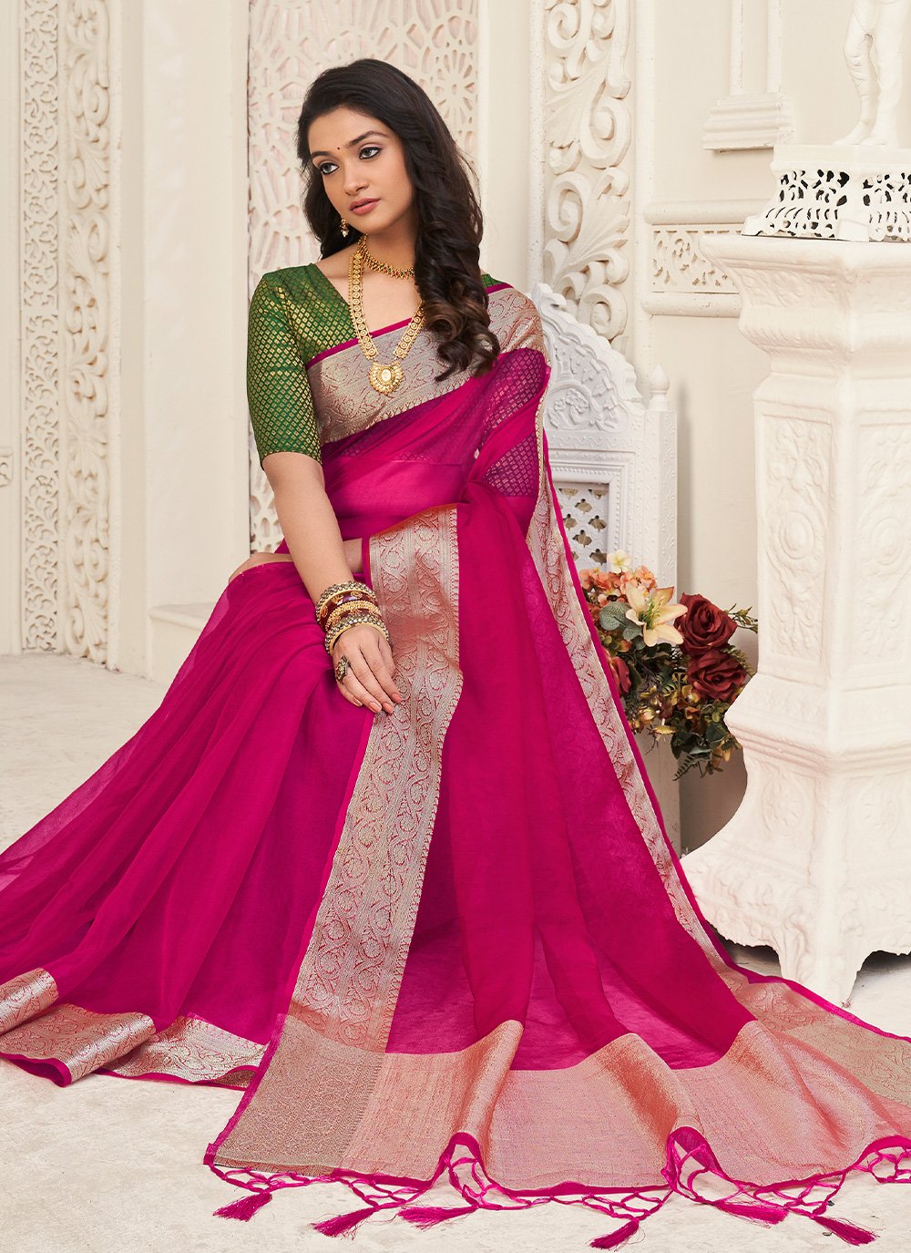 Classic Organza Pink Patch Border Saree