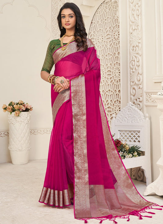 Classic Organza Pink Patch Border Saree