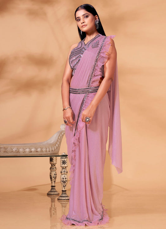 Contemporary Organza Shimmer Pink Patch Border Saree