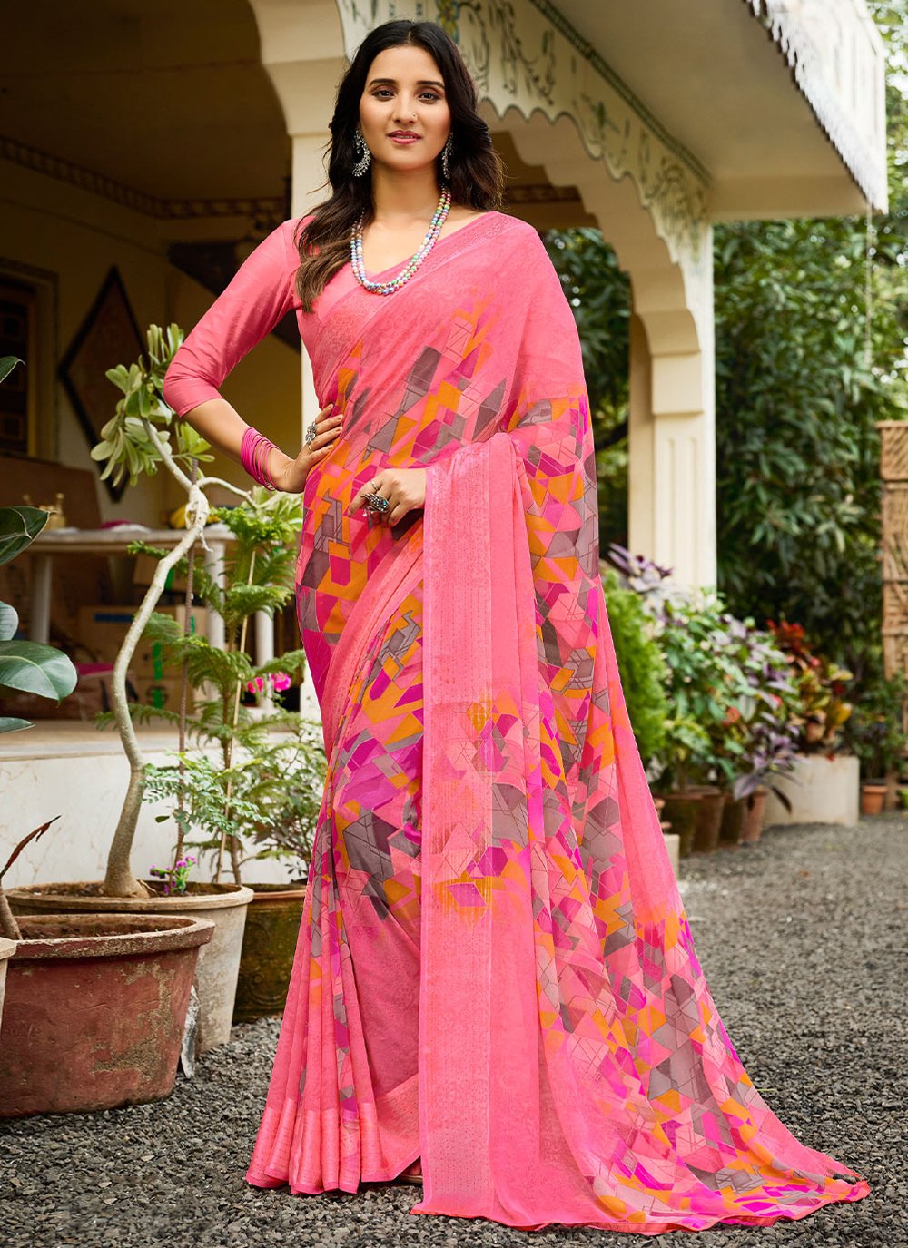 Trendy Saree Georgette Pink Patch Border Saree