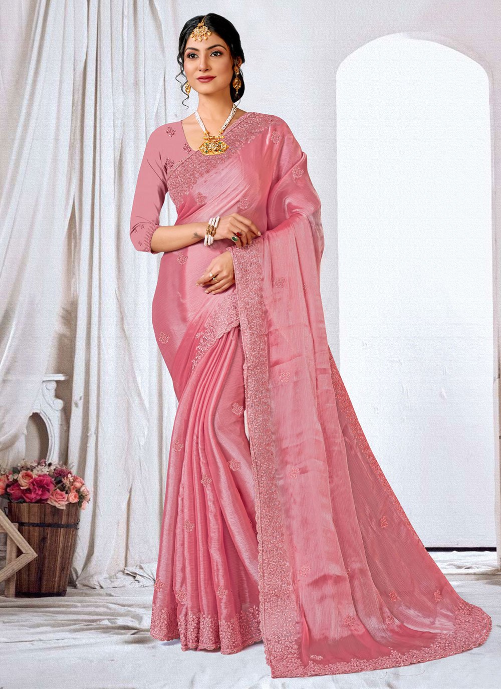 Trendy Saree Organza Pink Embroidered Saree