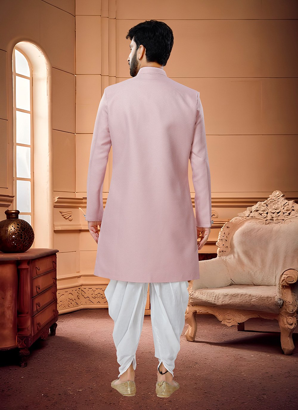 Indo Western Sherwani Fancy Fabric Pink Buttons Mens