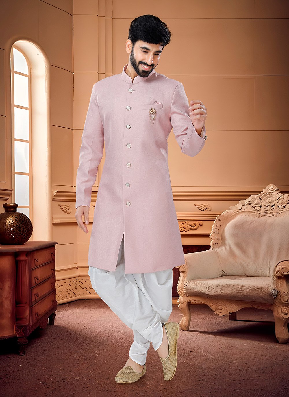 Indo Western Sherwani Fancy Fabric Pink Buttons Mens