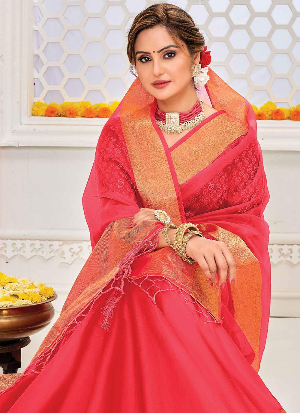 Contemporary Organza Silk Pink Patch Border Saree