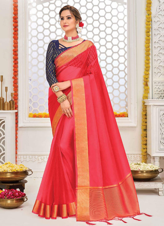 Contemporary Organza Silk Pink Patch Border Saree