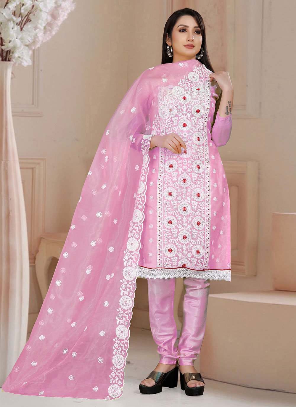 Salwar Suit Organza Pink Embroidered Salwar Kameez