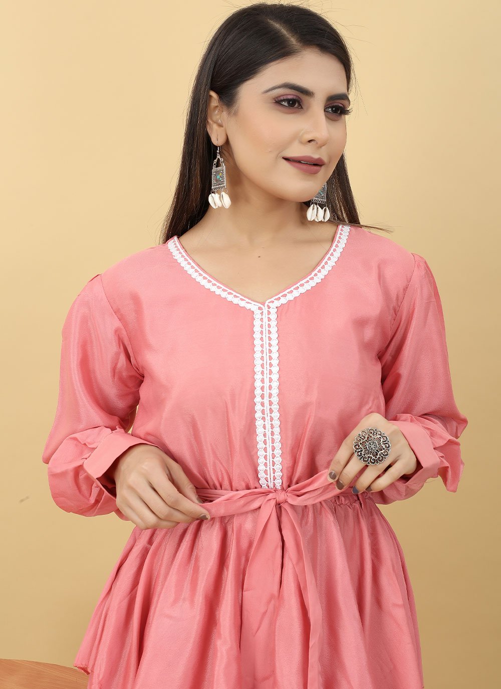 Party Wear Kurti Faux Crepe Pink Buttons Kurtis