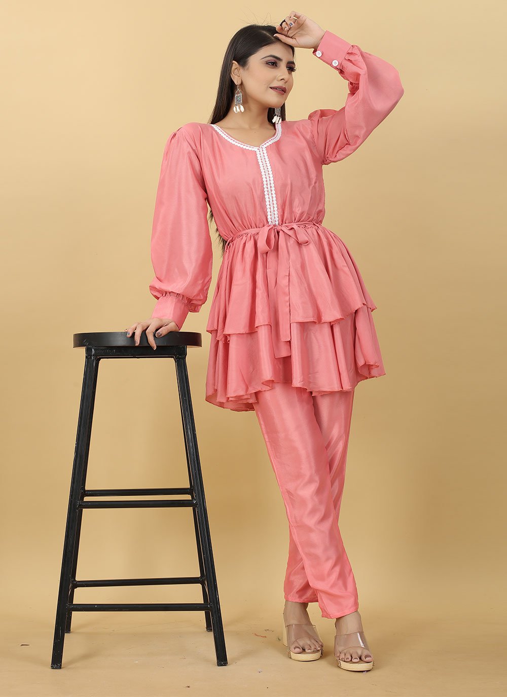 Party Wear Kurti Faux Crepe Pink Buttons Kurtis