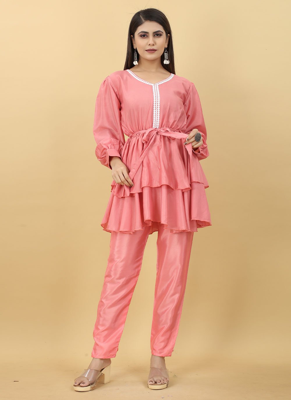 Party Wear Kurti Faux Crepe Pink Buttons Kurtis