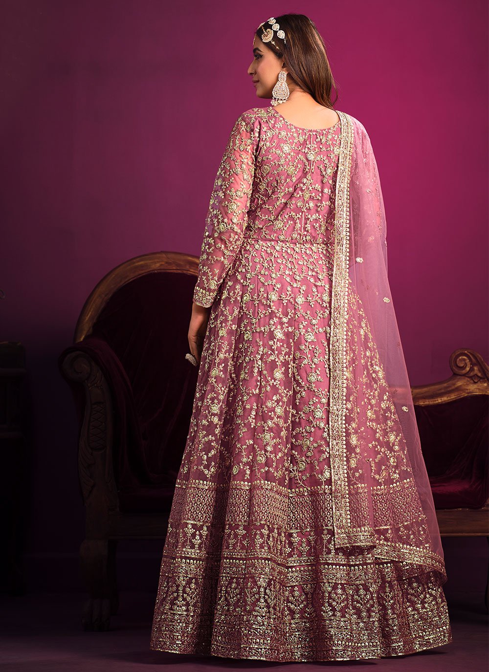 Anarkali Suit Net Pink Embroidered Salwar Kameez