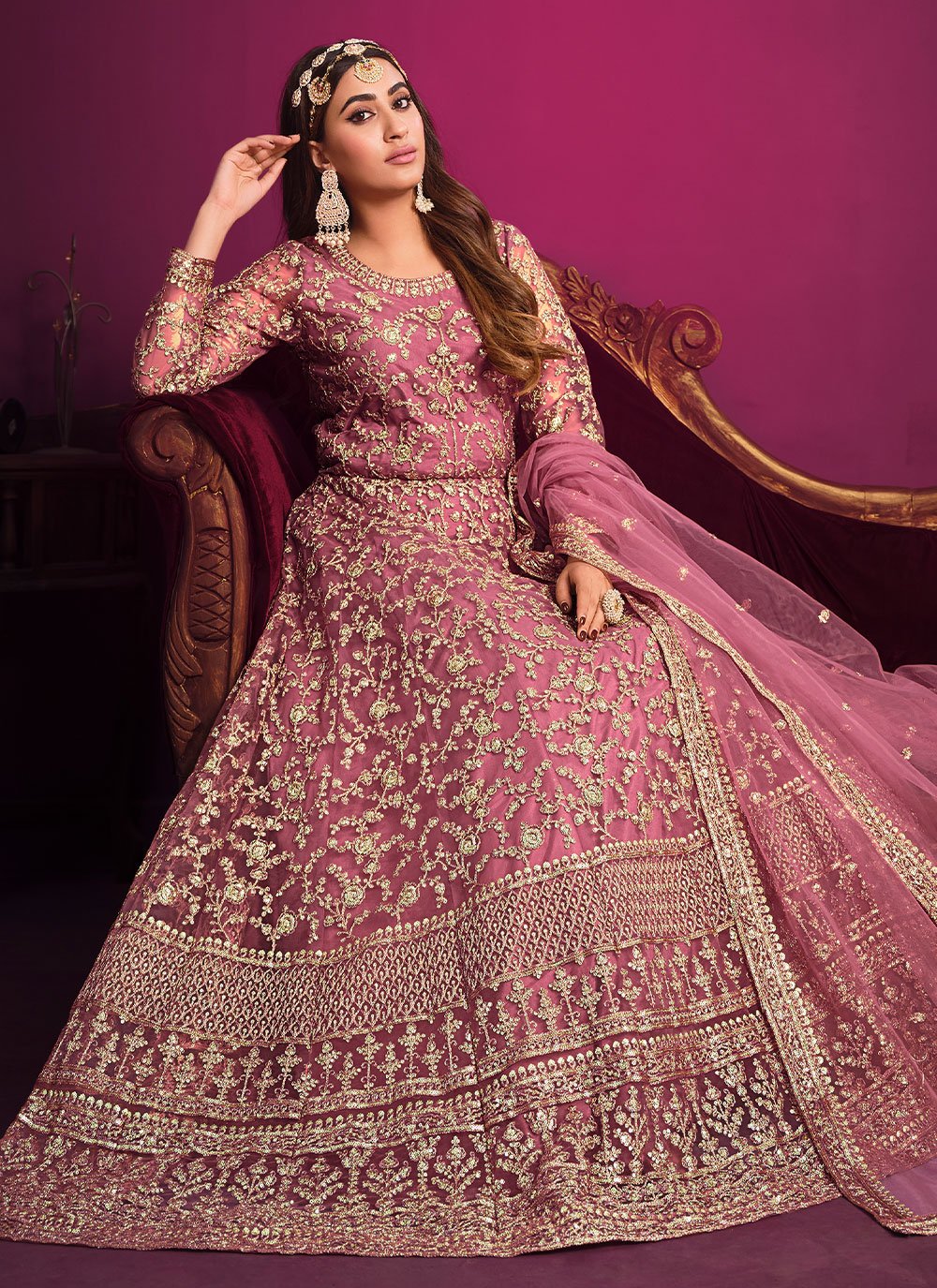 Anarkali Suit Net Pink Embroidered Salwar Kameez