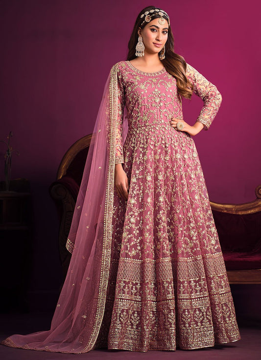 Anarkali Suit Net Pink Embroidered Salwar Kameez