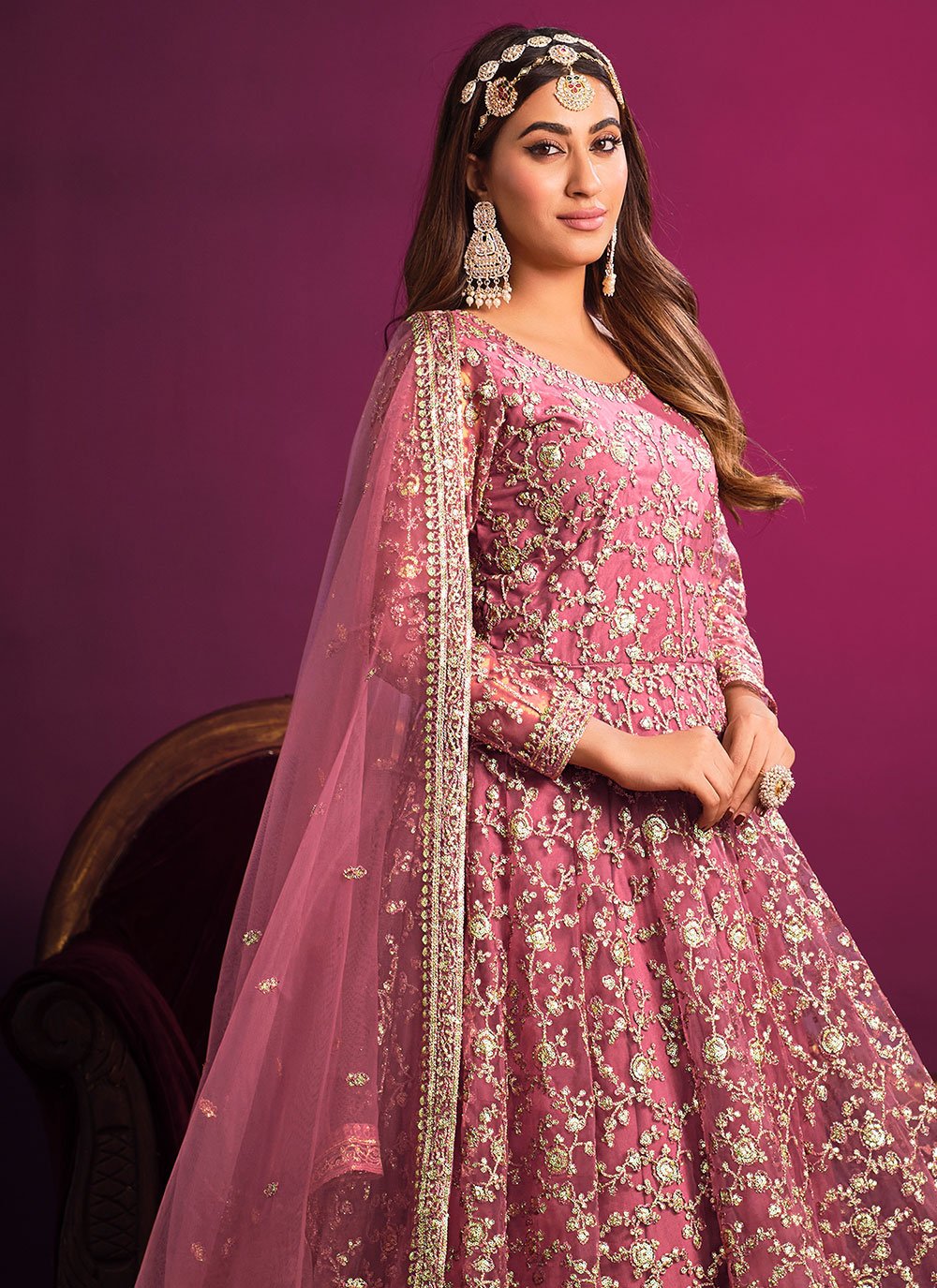 Anarkali Suit Net Pink Embroidered Salwar Kameez