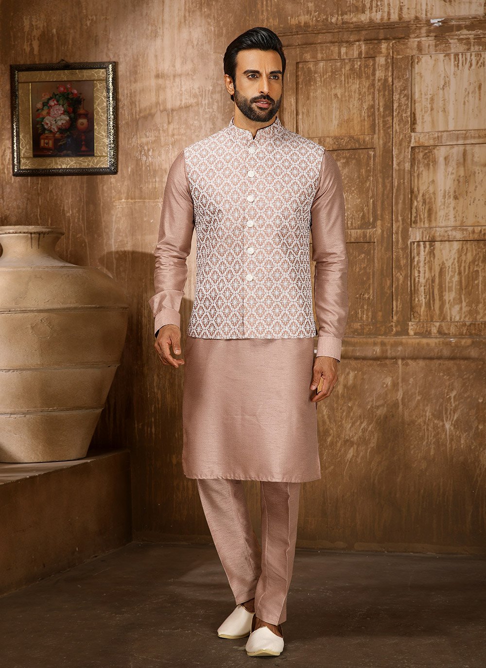 Kurta Payjama With Jacket Art Banarasi Silk Pink Embroidered Mens