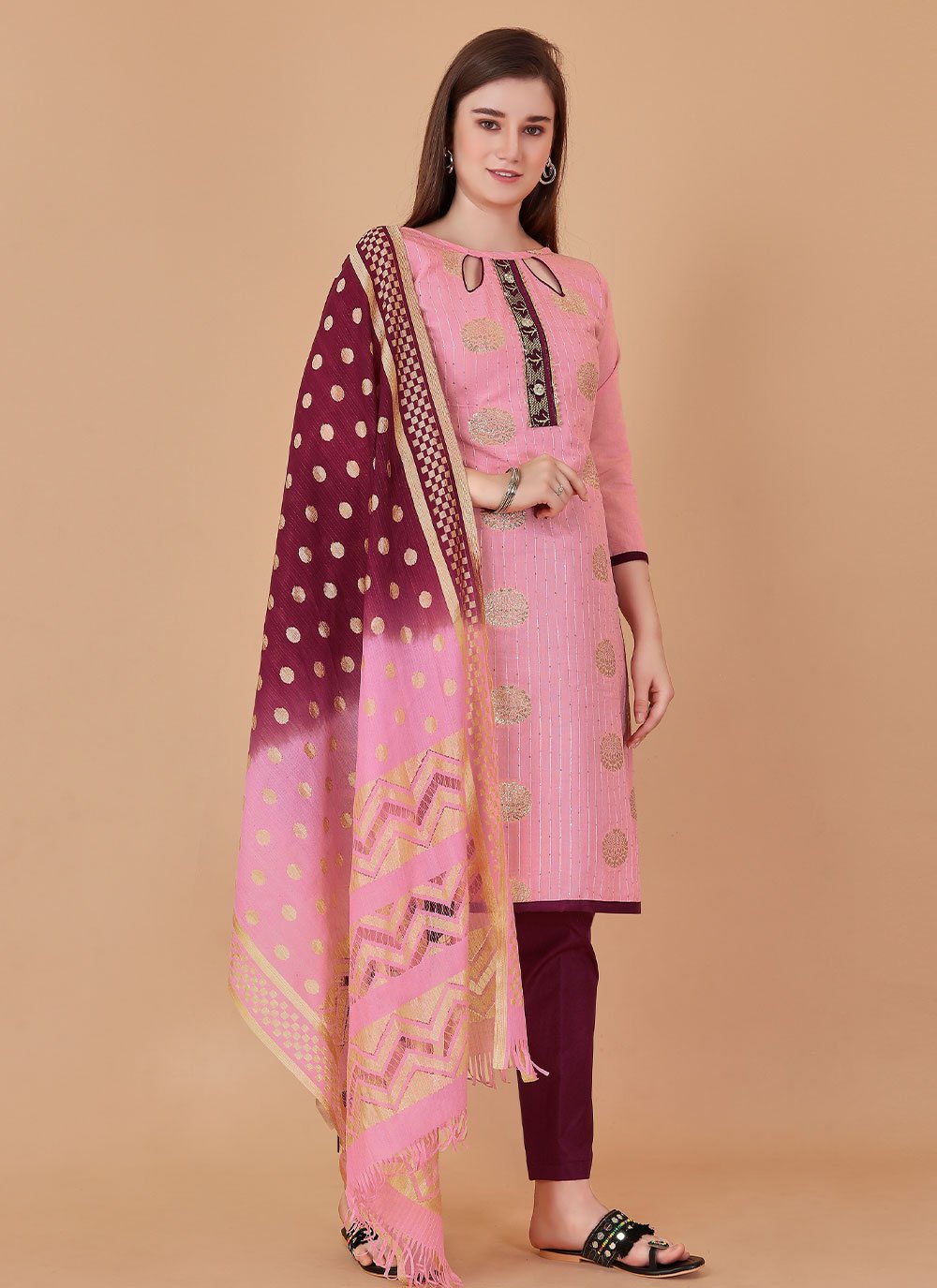 Salwar Suit Banarasi Silk Pink Booti Salwar Kameez