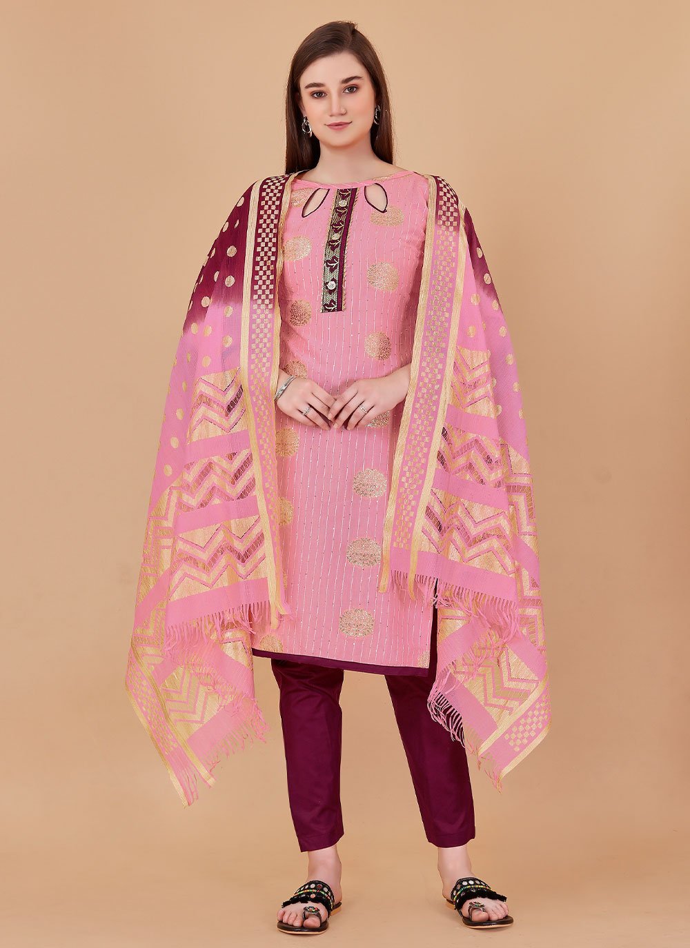 Salwar Suit Banarasi Silk Pink Booti Salwar Kameez