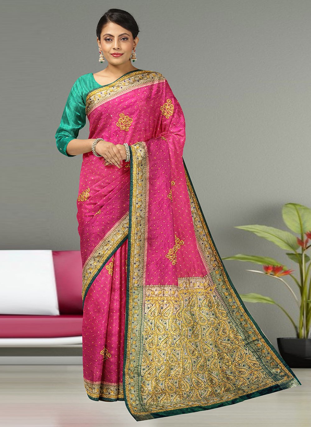 Contemporary Kanjivaram Silk Pink Embroidered Saree