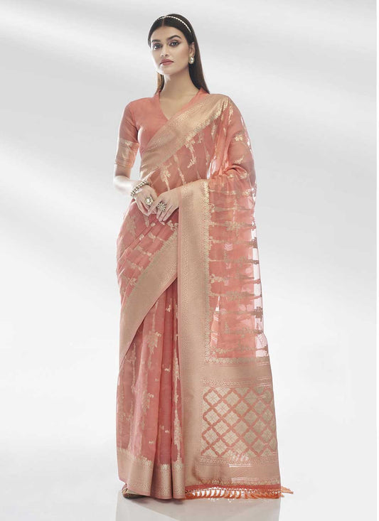 Contemporary Organza Pink Woven Saree