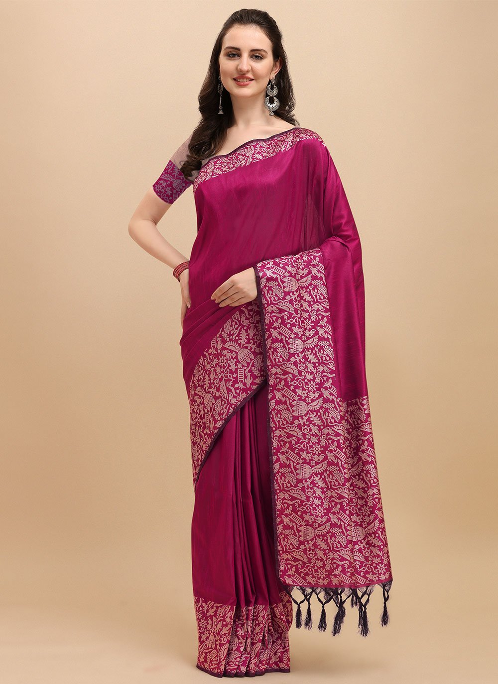 Contemporary Banglori Silk Raw Silk Pink Woven Saree