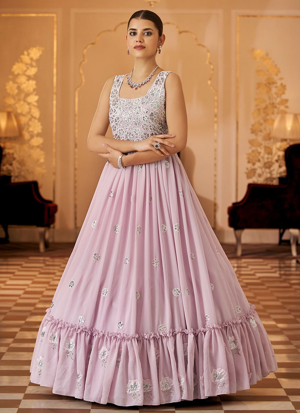 Gown Georgette Pink Embroidered Gown