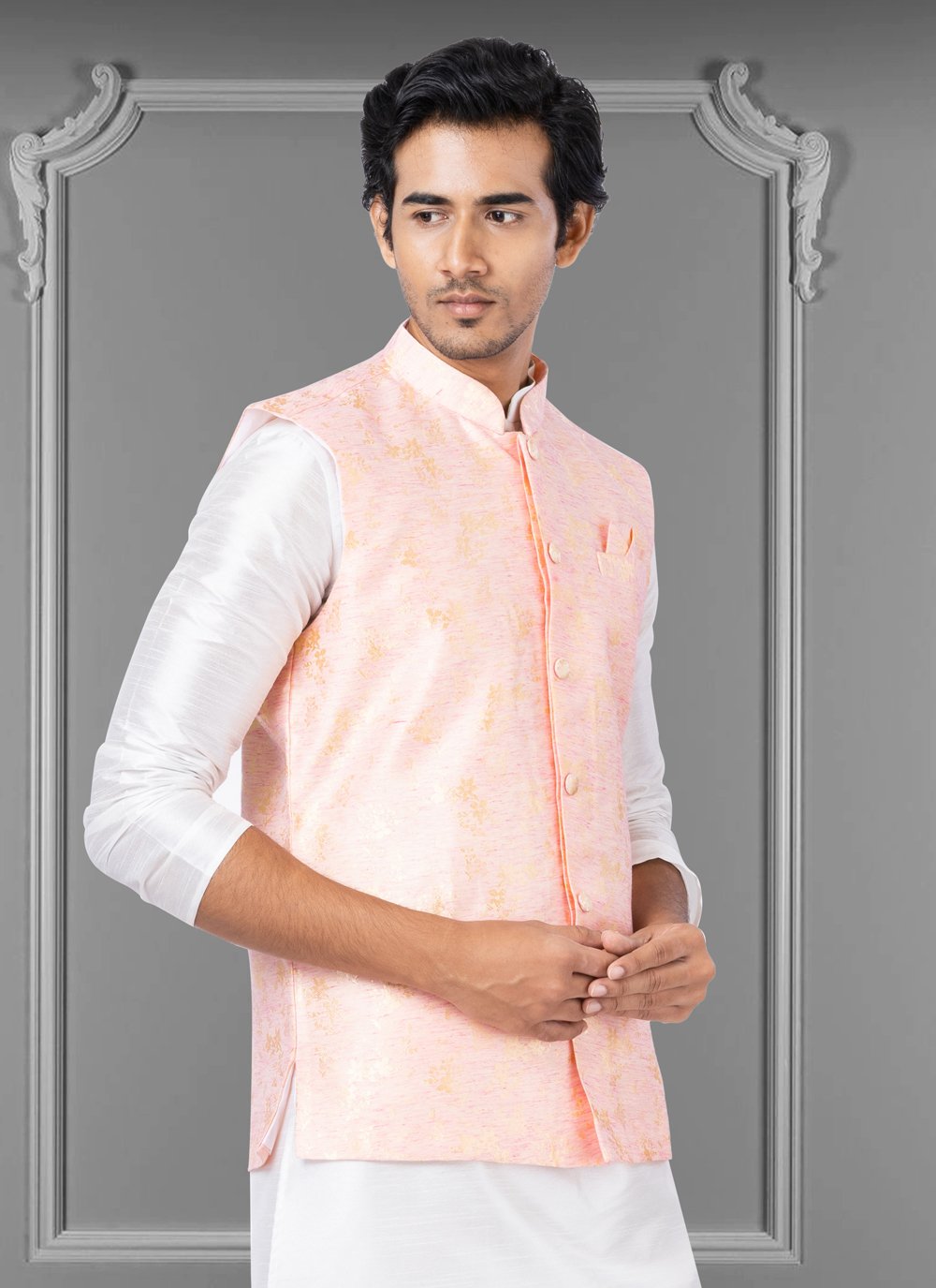 Nehru Jackets Linen Silk Pink Embroidered Mens