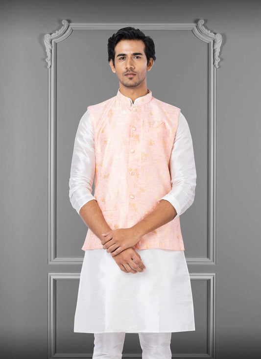 Nehru Jackets Linen Silk Pink Embroidered Mens