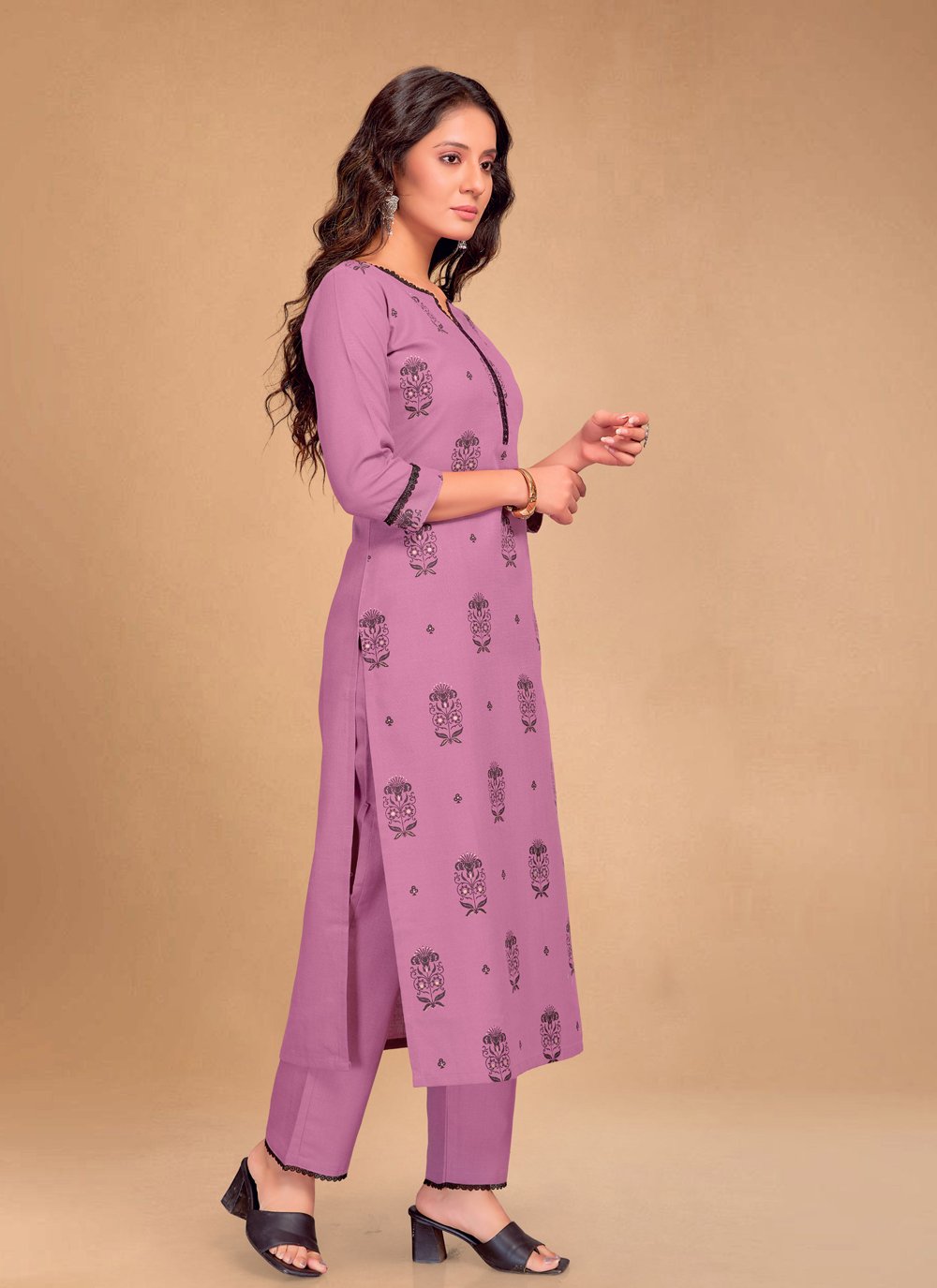 Pant Style Suit Blended Cotton Pink Foil Print Salwar Kameez