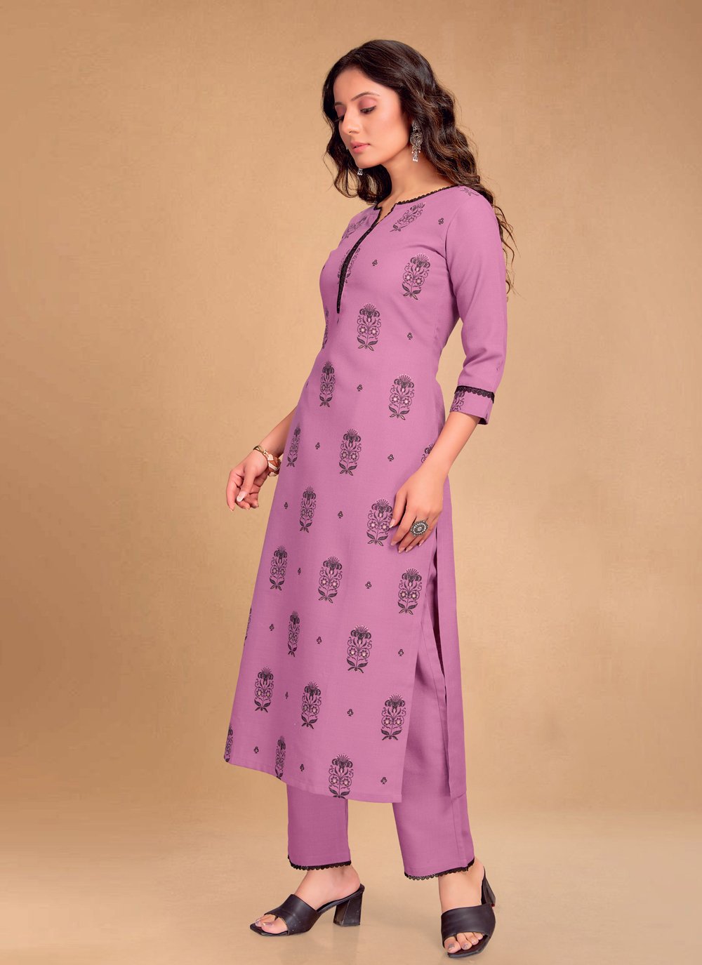 Pant Style Suit Blended Cotton Pink Foil Print Salwar Kameez