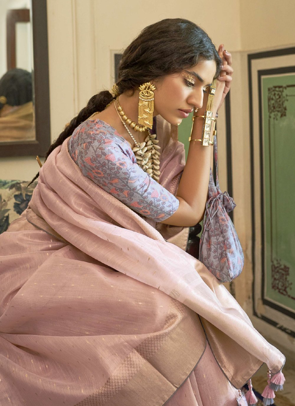 Classic Organza Silk Pink Patch Border Saree