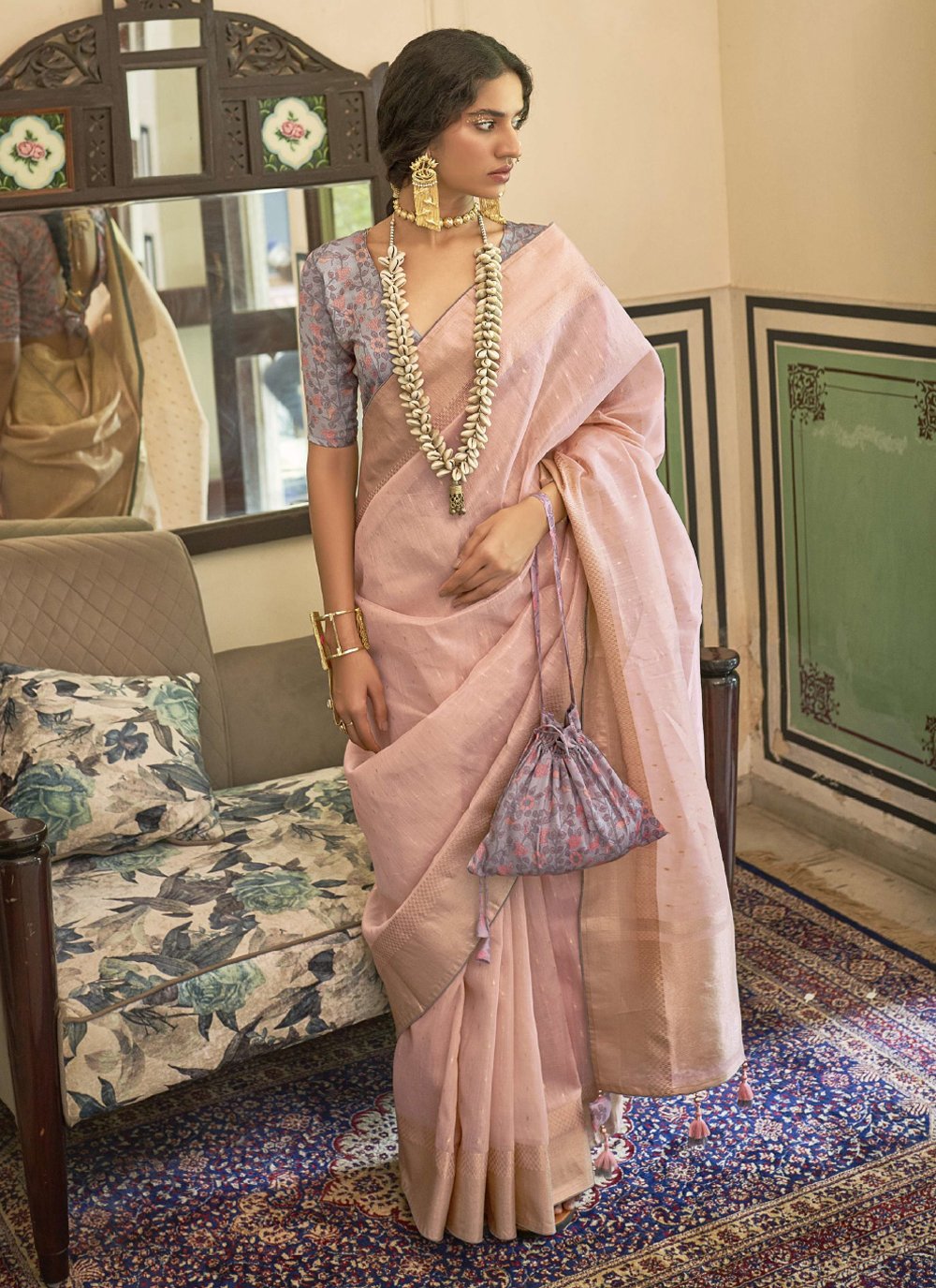 Classic Organza Silk Pink Patch Border Saree