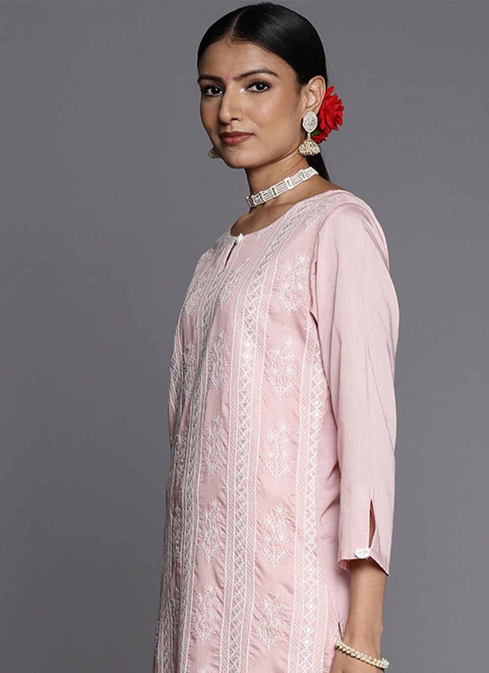 Straight Salwar Suit Chanderi Cotton Pink Embroidered Salwar Kameez