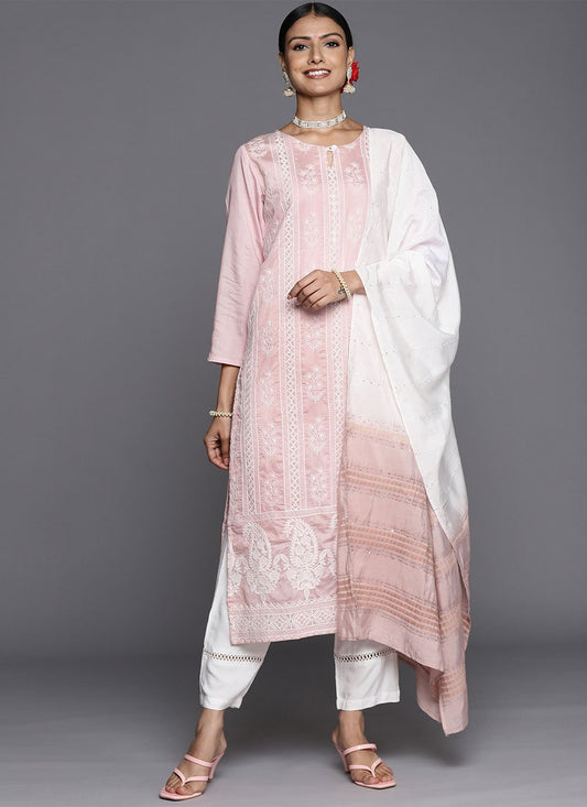 Straight Salwar Suit Chanderi Cotton Pink Embroidered Salwar Kameez