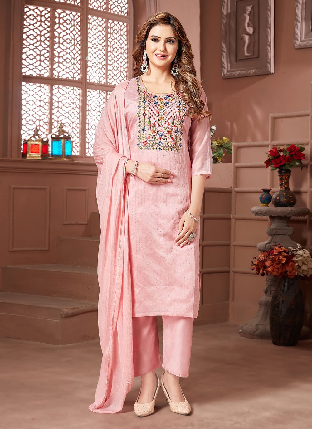 Straight Salwar Suit Chanderi Silk Pink Embroidered Salwar Kameez