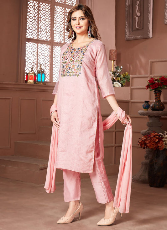 Straight Salwar Suit Chanderi Silk Pink Embroidered Salwar Kameez