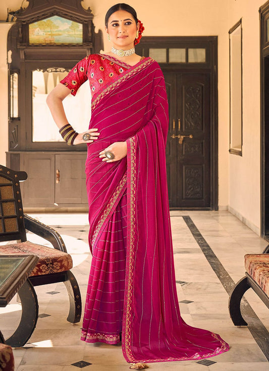 Contemporary Chiffon Pink Embroidered Saree