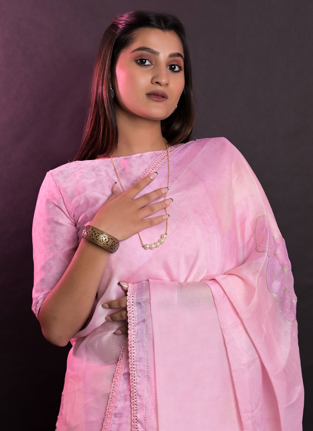 Contemporary Chiffon Pink Patch Border Saree