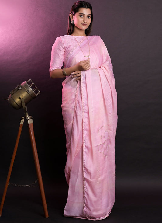 Contemporary Chiffon Pink Patch Border Saree