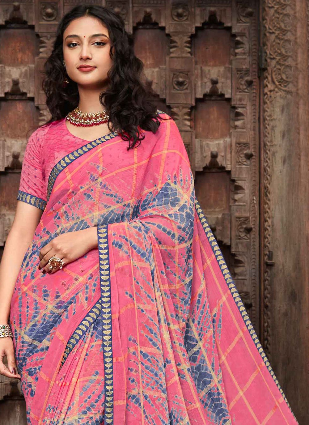 Contemporary Chiffon Pink Fancy Work Saree