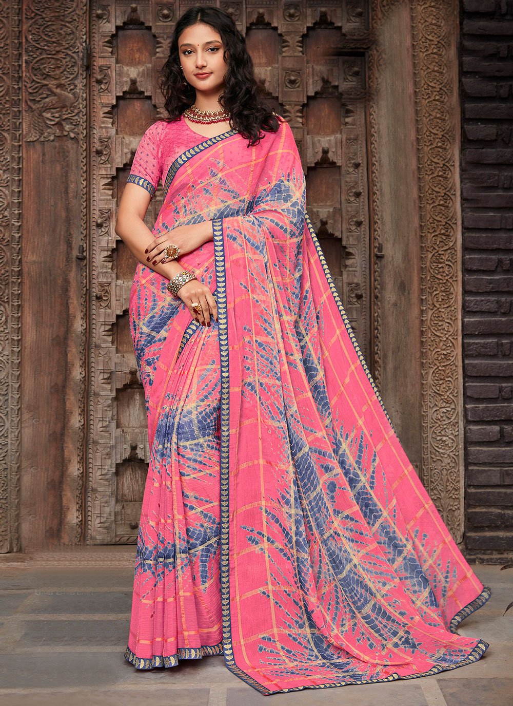 Contemporary Chiffon Pink Fancy Work Saree