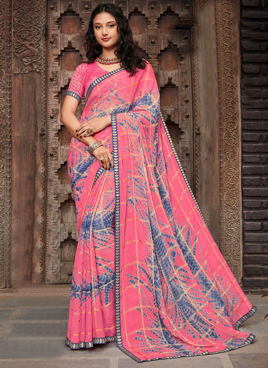 Contemporary Chiffon Pink Fancy Work Saree