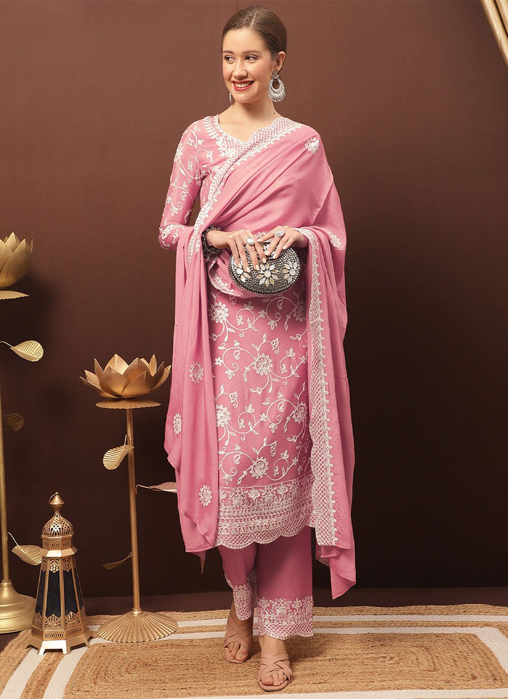 Pakistani Salwar Suit Chiffon Chinon Pink Crystals Salwar Kameez