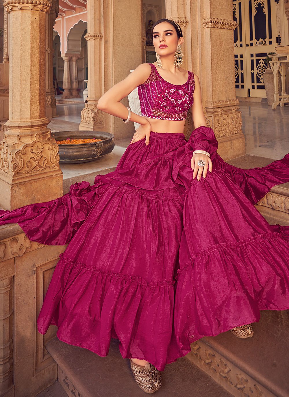 Lehenga Choli Chinon Pink Plain Lehenga Choli