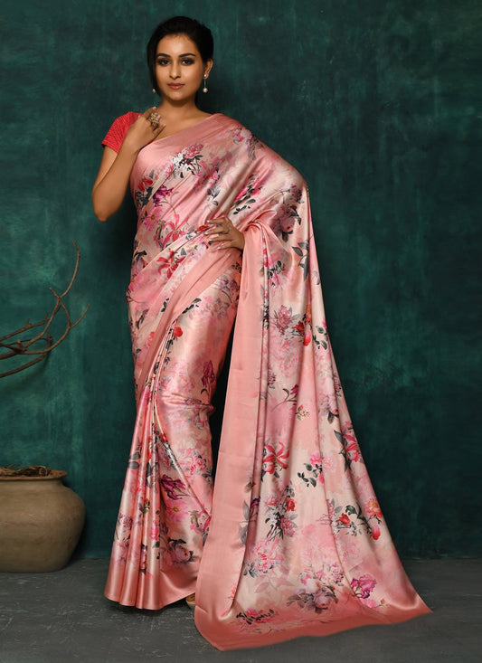 Designer Satin Pink Digital Print Saree