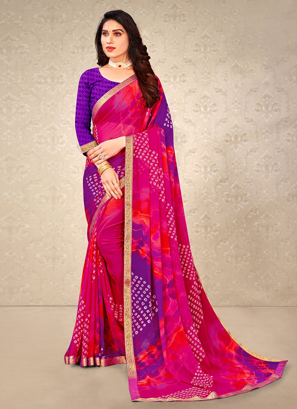 Classic Chiffon Pink Patch Border Saree