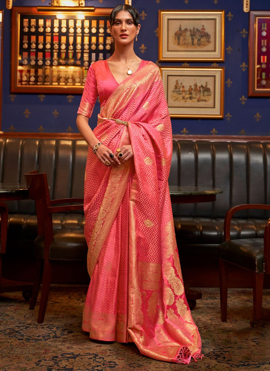 Classic Satin Silk Pink Weaving Saree